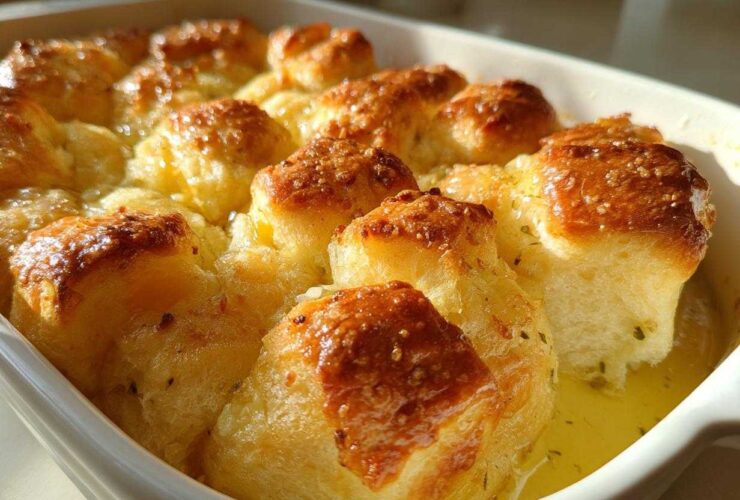 Close-up of freshly baked Garlic Parmesan Pull-Apart Bread glistening with butter in a white ceramic dish.
