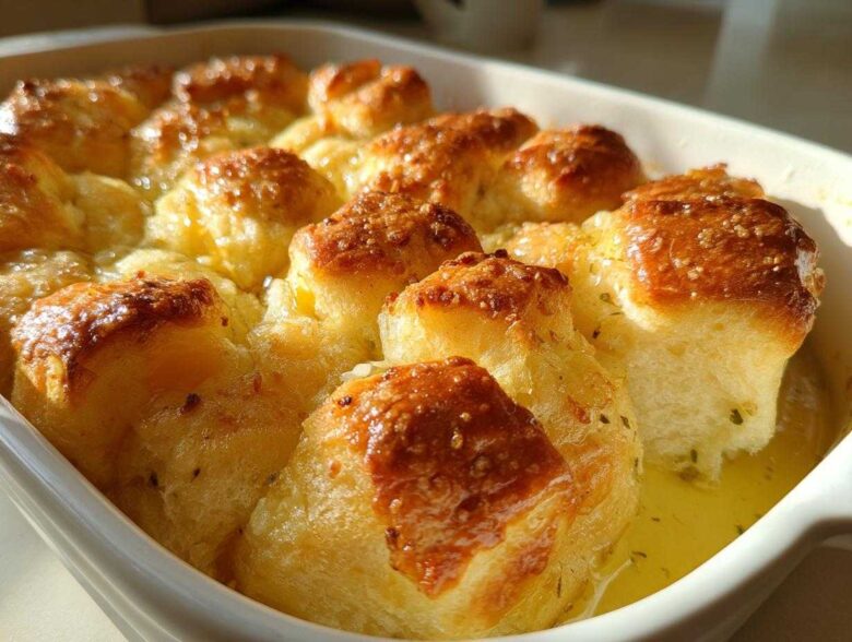 Close-up of freshly baked Garlic Parmesan Pull-Apart Bread glistening with butter in a white ceramic dish.