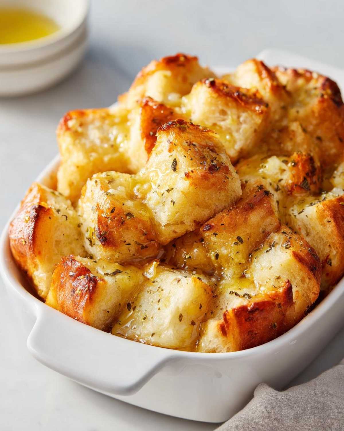 Close-up of warm Garlic Parmesan Pull-Apart Bread soaking in melted butter and herbs inside a white baking dish.