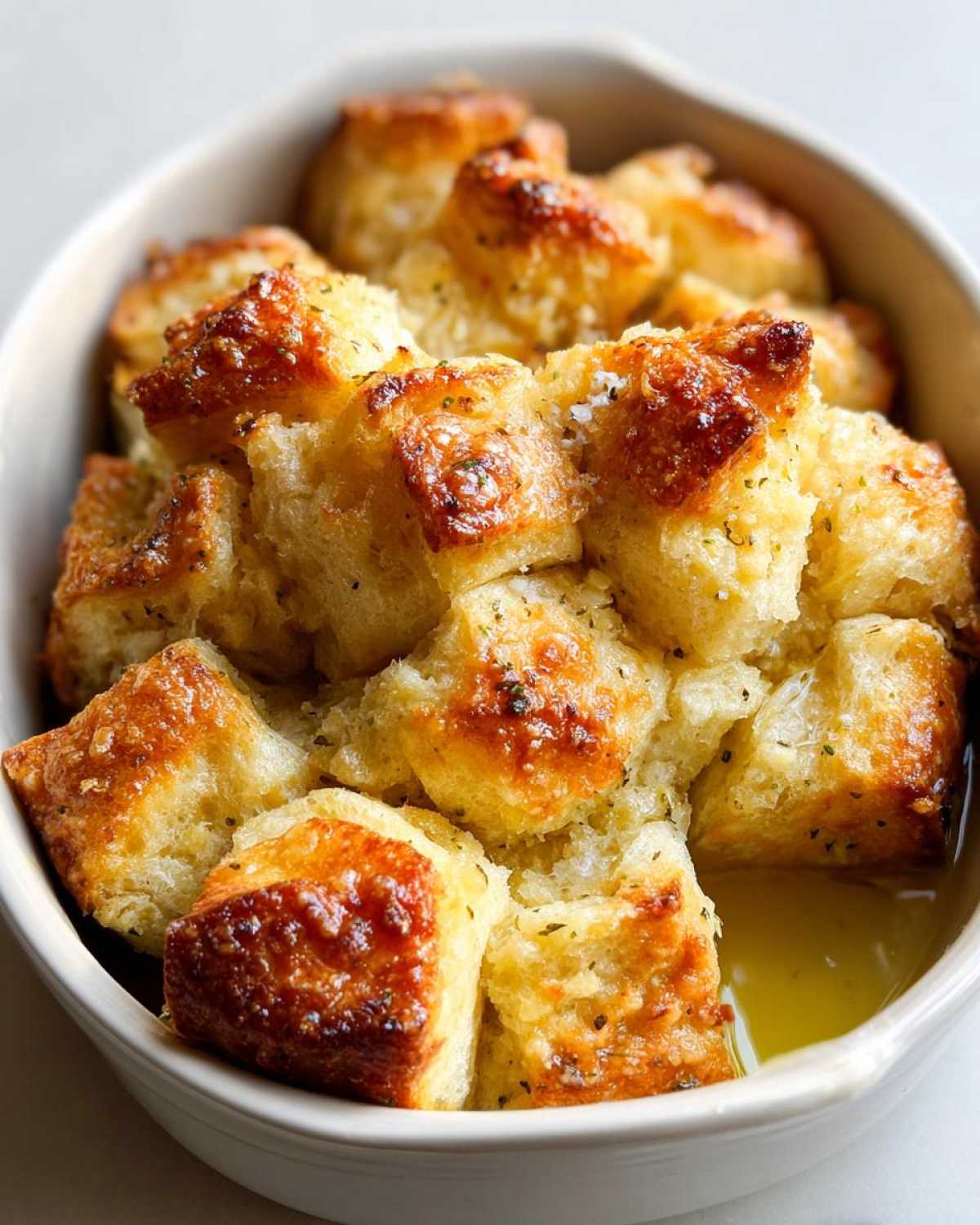 Close-up of golden brown Garlic Parmesan Pull-Apart Bread pieces soaking in butter in a white baking dish.