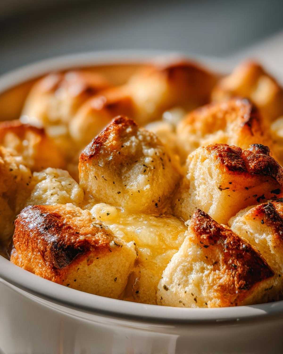 Close-up of golden brown, cheesy Garlic Parmesan Pull-Apart Bread pieces baked in a white dish.