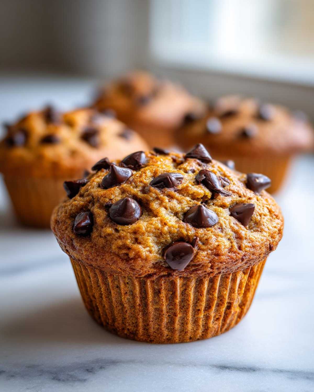 A close-up of a freshly baked Gluten-Free Banana Chocolate Chip Muffin topped generously with melted chocolate chips.