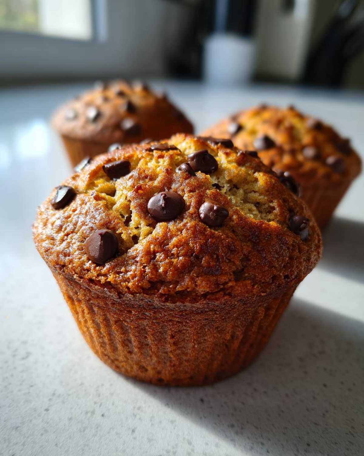 Close-up of a freshly baked Gluten-Free Banana Chocolate Chip Muffin topped with melted chocolate chips.