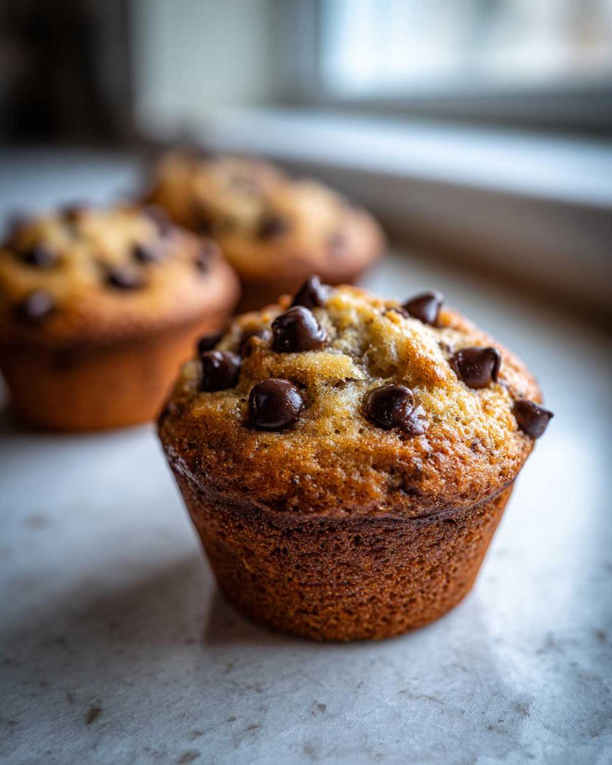 A close-up, shallow depth-of-field photo showing one perfectly baked Gluten-Free Banana Chocolate Chip Muffin topped with melted chocolate chips.