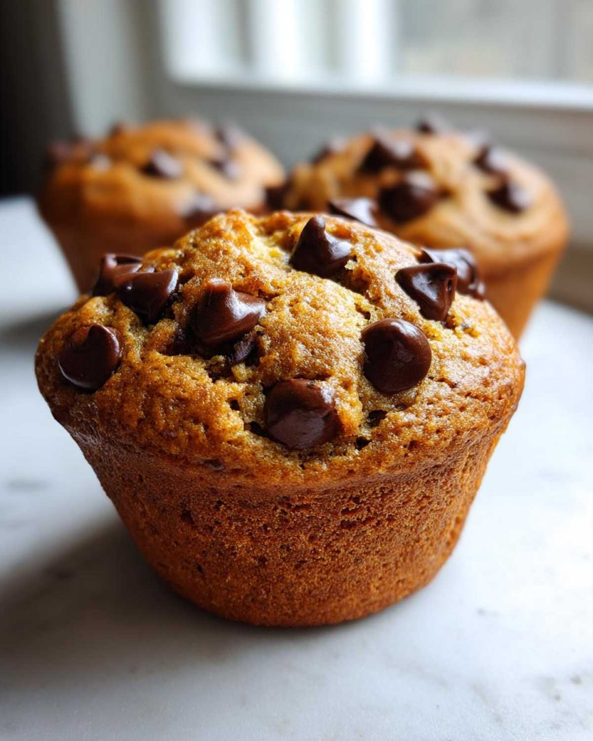 A close-up, focused shot of one perfectly baked Gluten-Free Banana Chocolate Chip Muffin topped with melted chocolate chips.