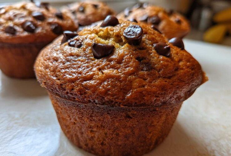A close-up of a freshly baked Gluten-Free Banana Chocolate Chip Muffin topped with melted chocolate chips.