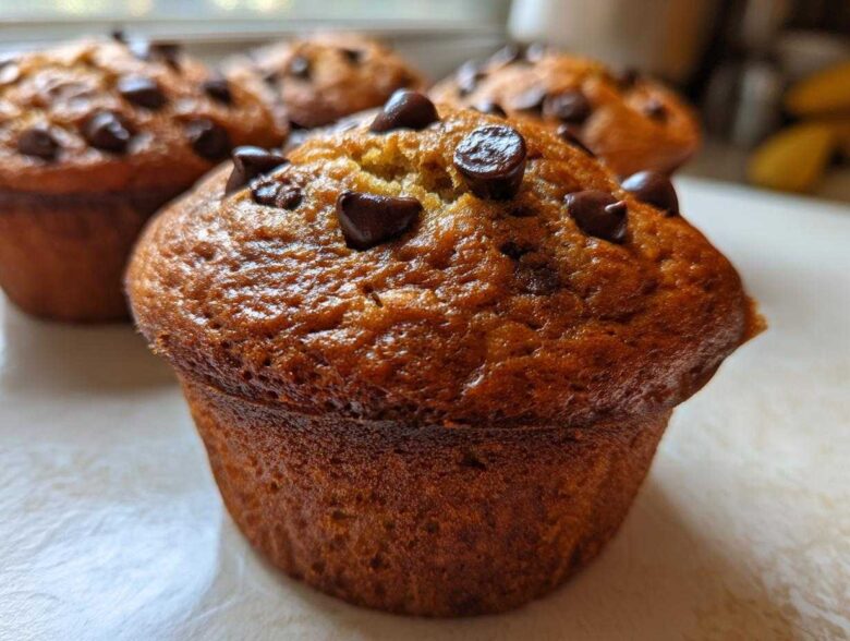 A close-up of a freshly baked Gluten-Free Banana Chocolate Chip Muffin topped with melted chocolate chips.