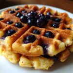 Close-up of golden, crispy Gluten-Free Blueberry Waffles topped generously with fresh blueberries.