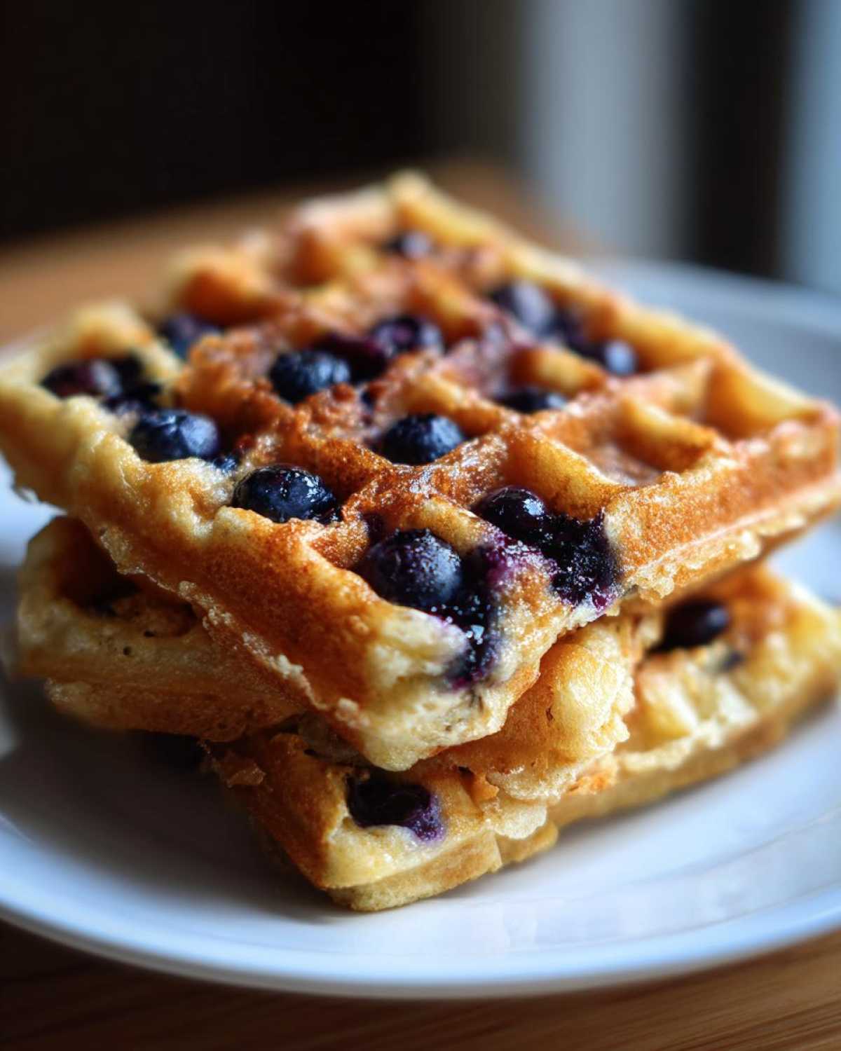 A close-up stack of two golden-brown Gluten-Free Blueberry Waffles topped with fresh blueberries.