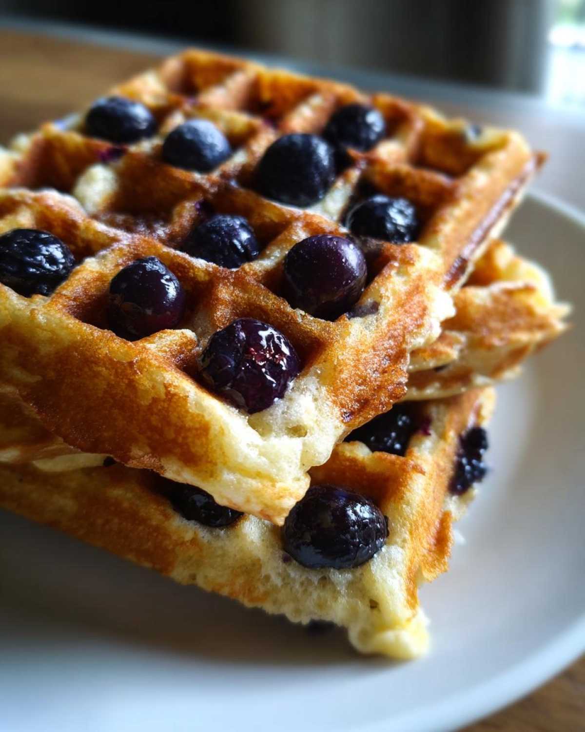 Close-up of a stack of golden brown Gluten-Free Blueberry Waffles studded with fresh blueberries.