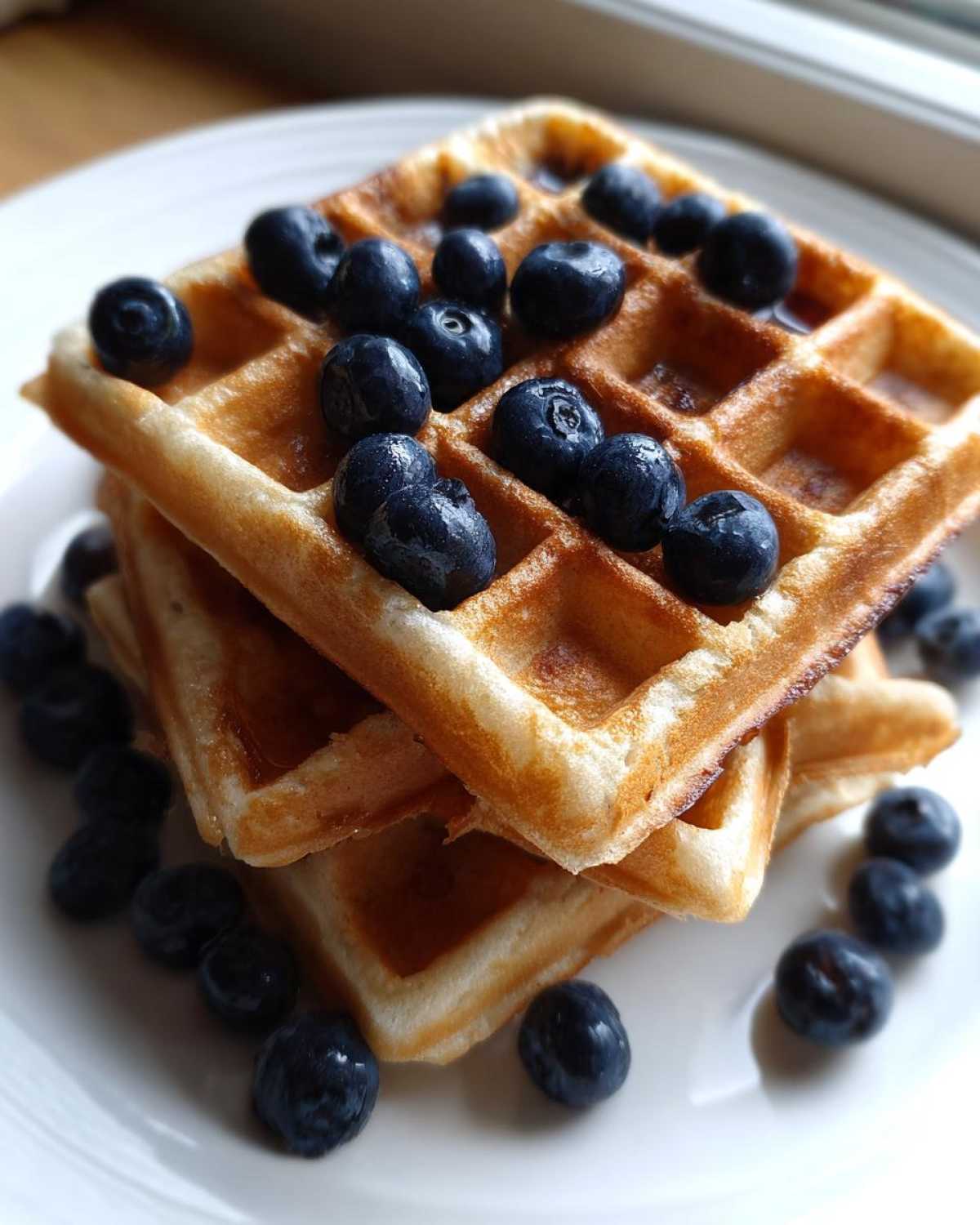 A stack of three golden Gluten-Free Blueberry Waffles topped generously with fresh blueberries on a white plate.