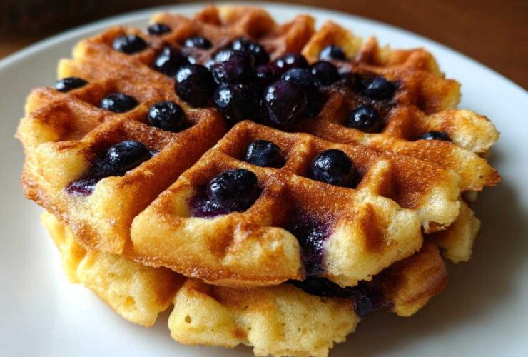 Close-up of golden, crispy Gluten-Free Blueberry Waffles topped generously with fresh blueberries.