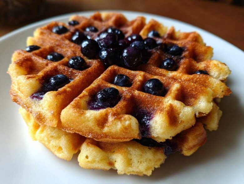 Close-up of golden, crispy Gluten-Free Blueberry Waffles topped generously with fresh blueberries.