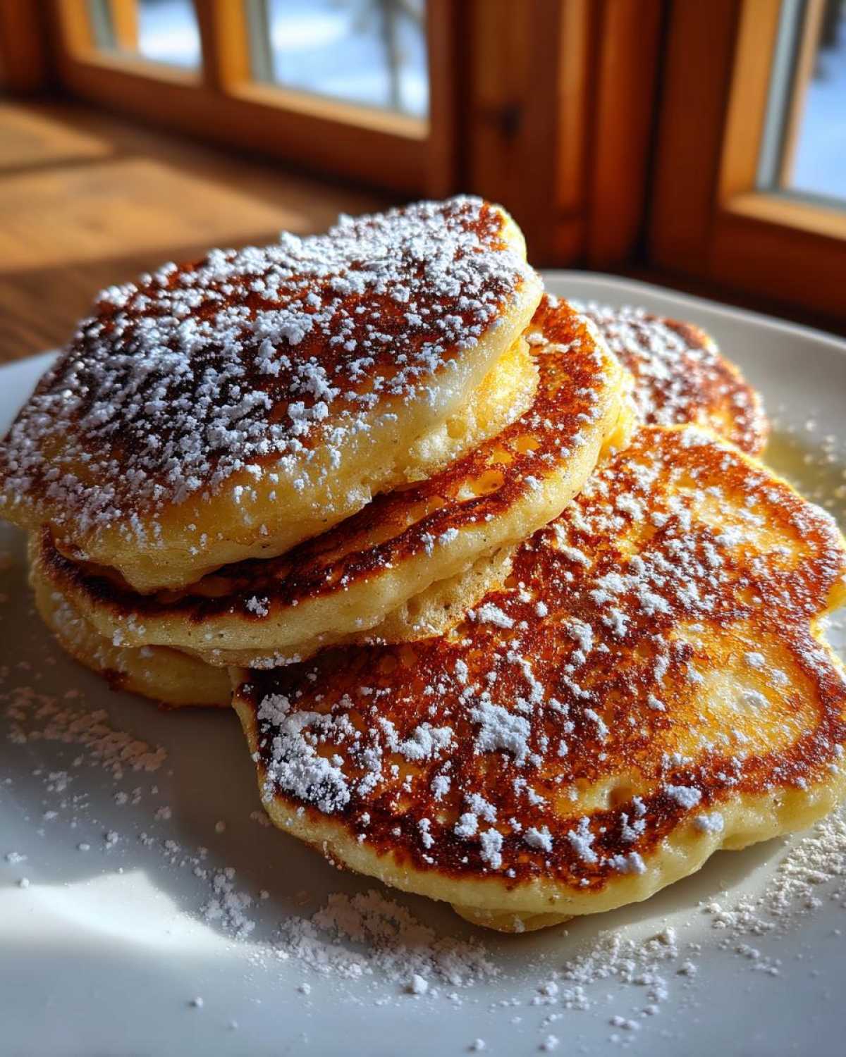 A stack of fluffy Gluten-Free Buttermilk Pancakes dusted generously with white powdered sugar on a white plate.
