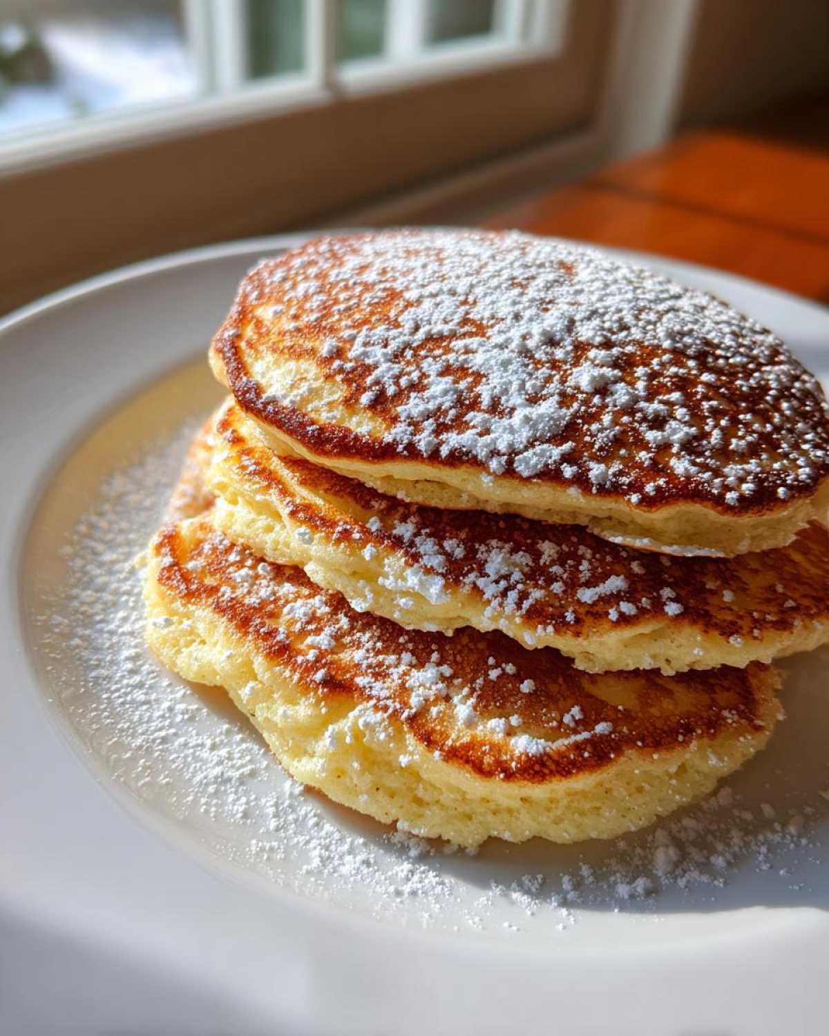 A stack of three fluffy Gluten-Free Buttermilk Pancakes dusted generously with powdered sugar on a white plate.