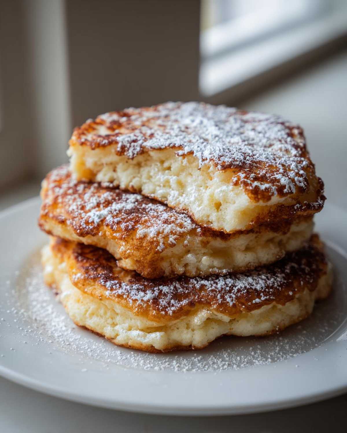 Close-up of a stack of three fluffy Gluten-Free Buttermilk Pancakes dusted heavily with powdered sugar.