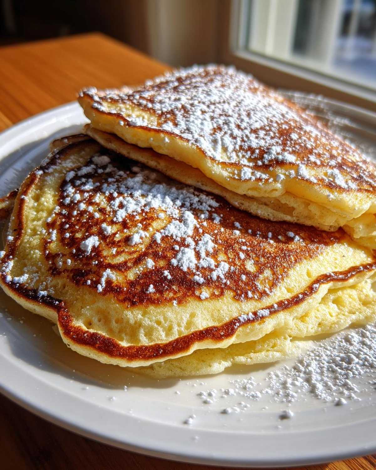 Close-up of stacked, golden-brown Gluten-Free Buttermilk Pancakes dusted heavily with powdered sugar.