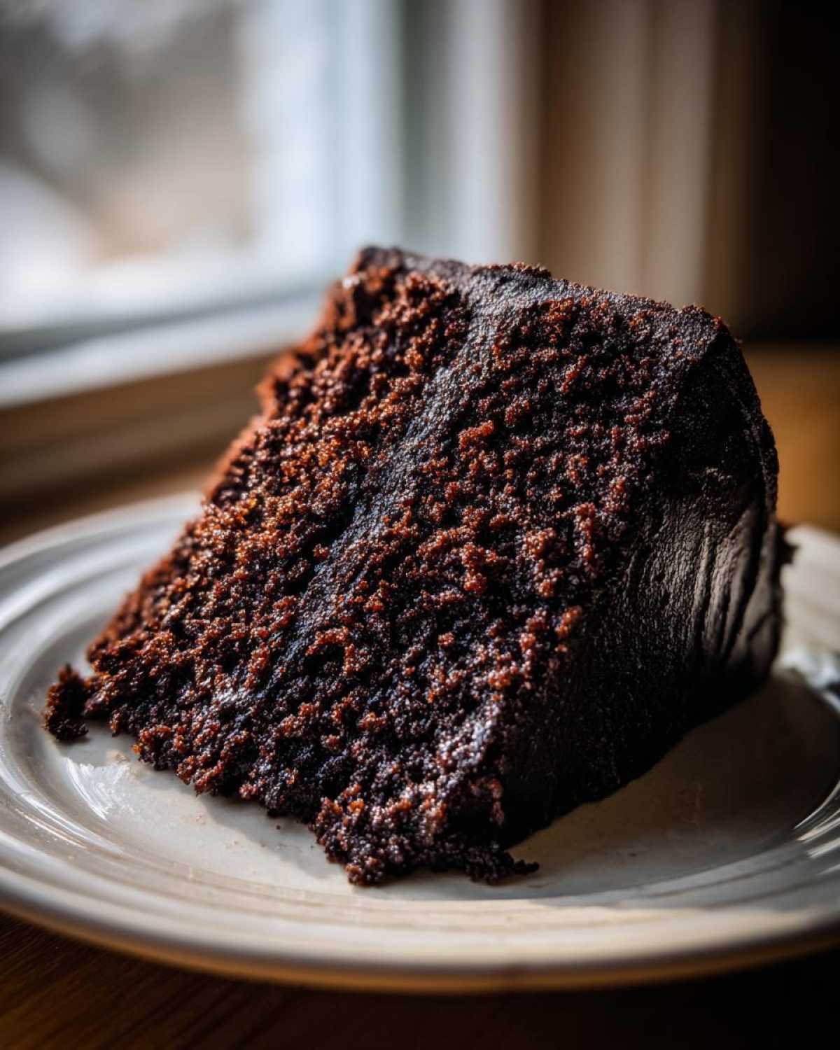 Close-up of a rich, dark slice of Gluten-Free Chocolate Cake showing its moist, crumbly texture.