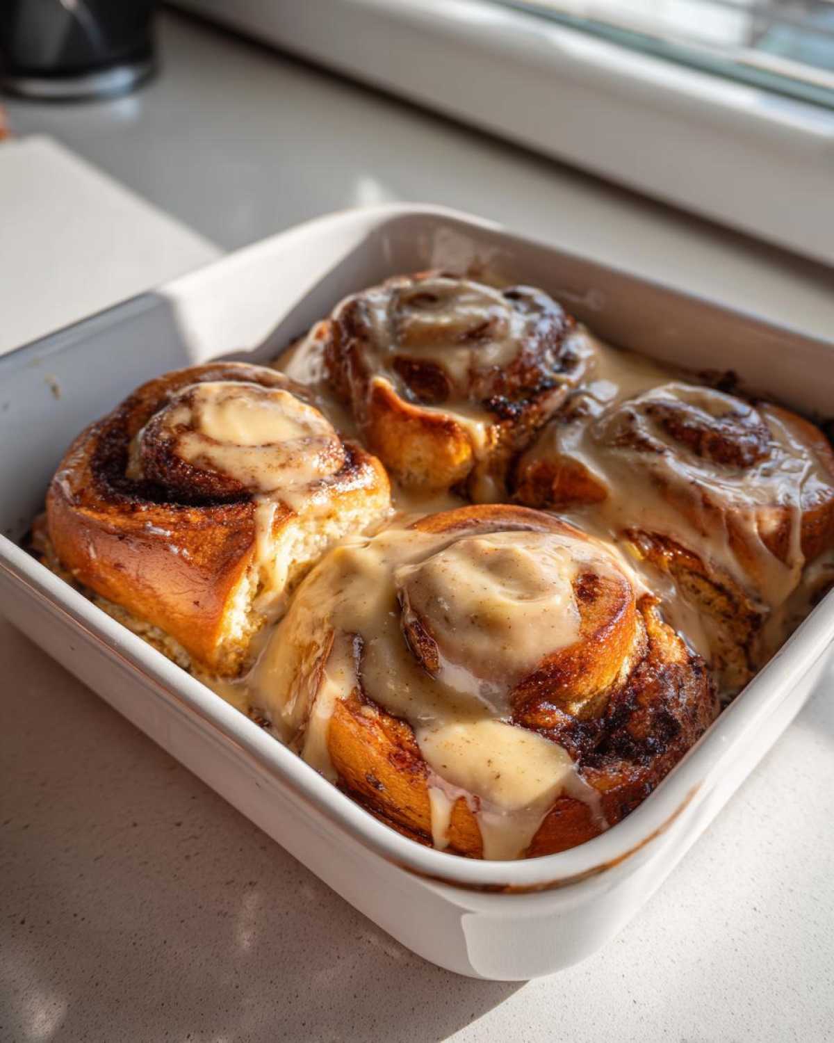 Four freshly baked Gluten-Free Cinnamon Rolls covered in thick, creamy icing in a white baking dish.