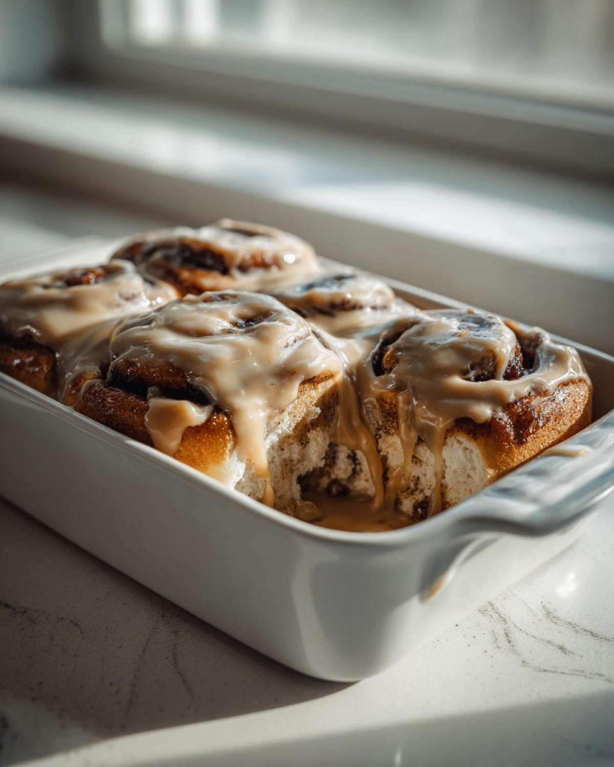 Close-up of warm Gluten-Free Cinnamon Rolls covered in thick, dripping glaze in a white baking dish.