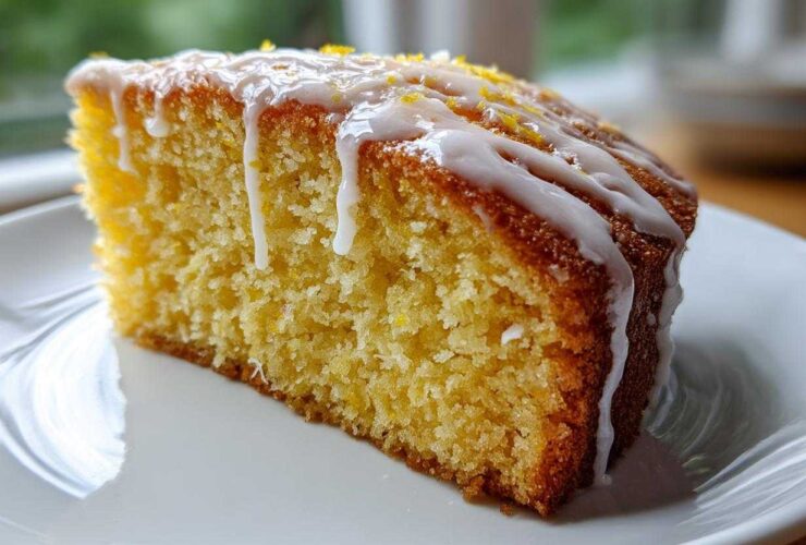 Close-up of a moist slice of Gluten-Free Lemon Coconut Cake topped with white lemon glaze and zest.