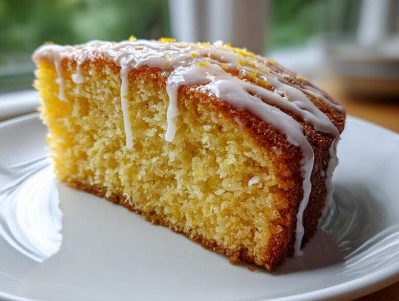 Close-up of a moist slice of Gluten-Free Lemon Coconut Cake topped with white lemon glaze and zest.