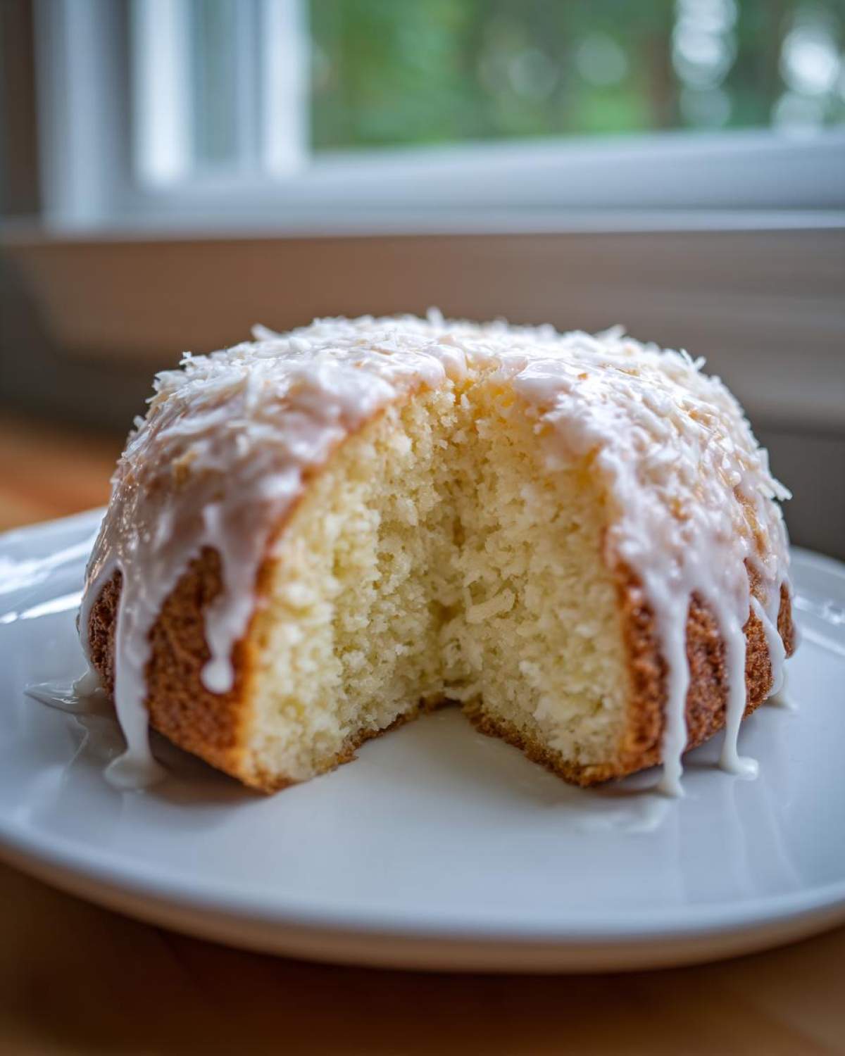 A slice removed from a Gluten-Free Lemon Coconut Cake topped with white glaze and shredded coconut.