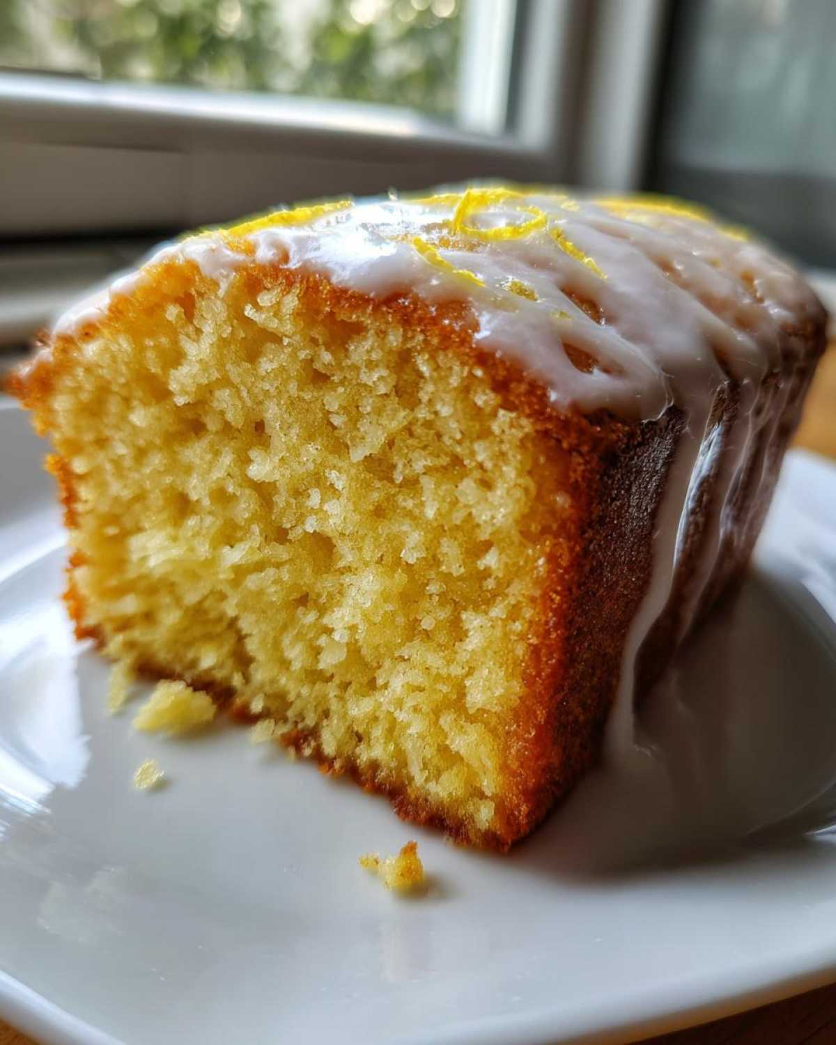 Close-up of a moist slice of Gluten-Free Lemon Coconut Cake topped with white icing and lemon zest.