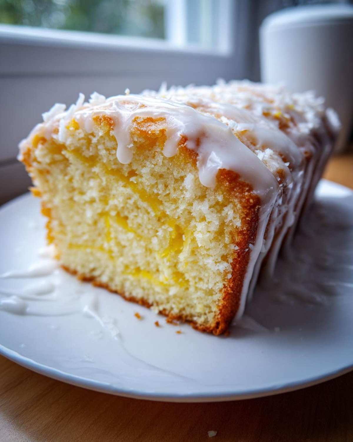 A moist slice of Gluten-Free Lemon Coconut Cake topped with white lemon glaze and shredded coconut.