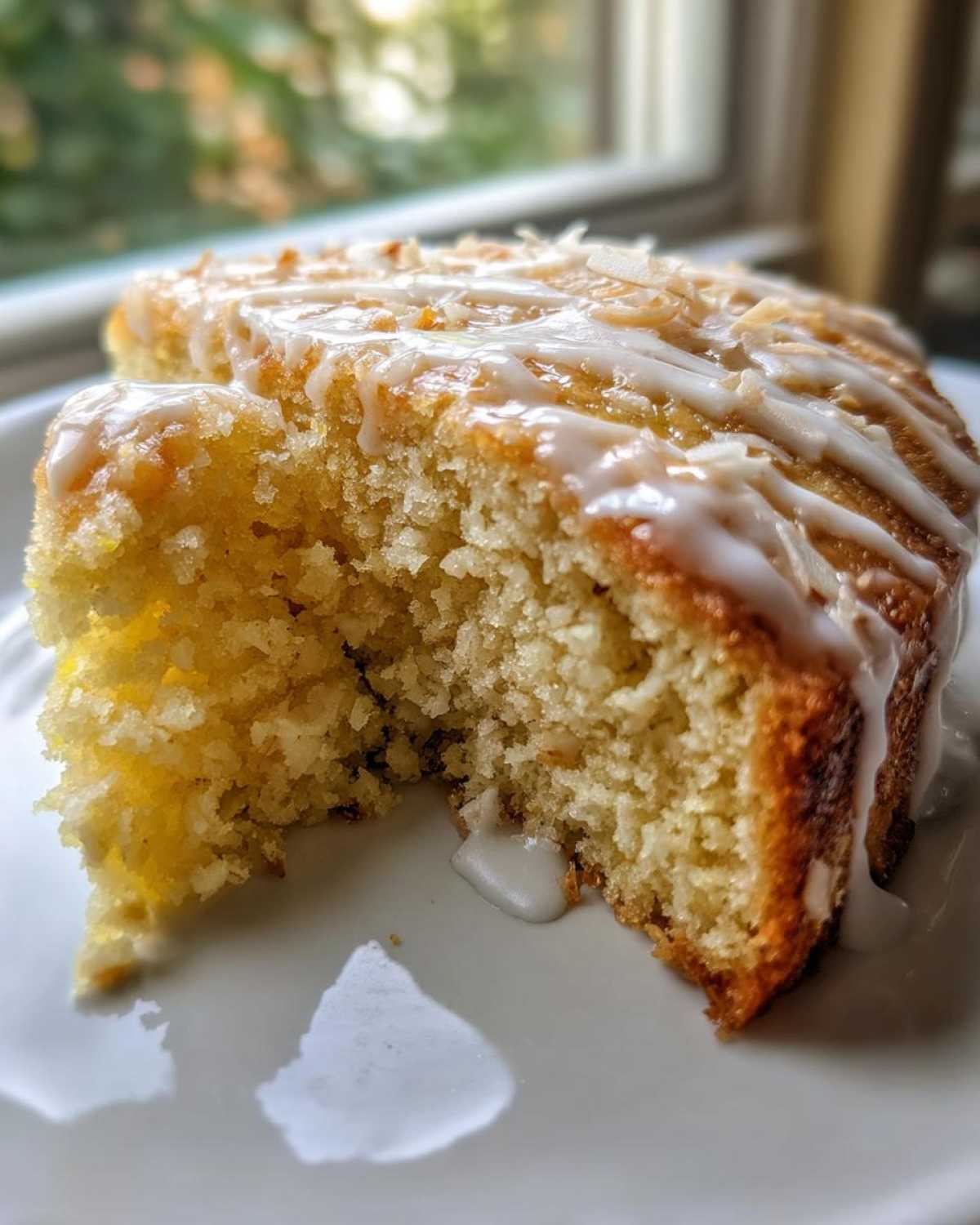 Close-up of a moist slice of Gluten-Free Lemon Coconut Cake drizzled with white icing and topped with coconut flakes.