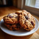 A stack of freshly baked Gluten-Free Oatmeal Raisin Cookies sprinkled with sugar, resting on a white plate near a window.
