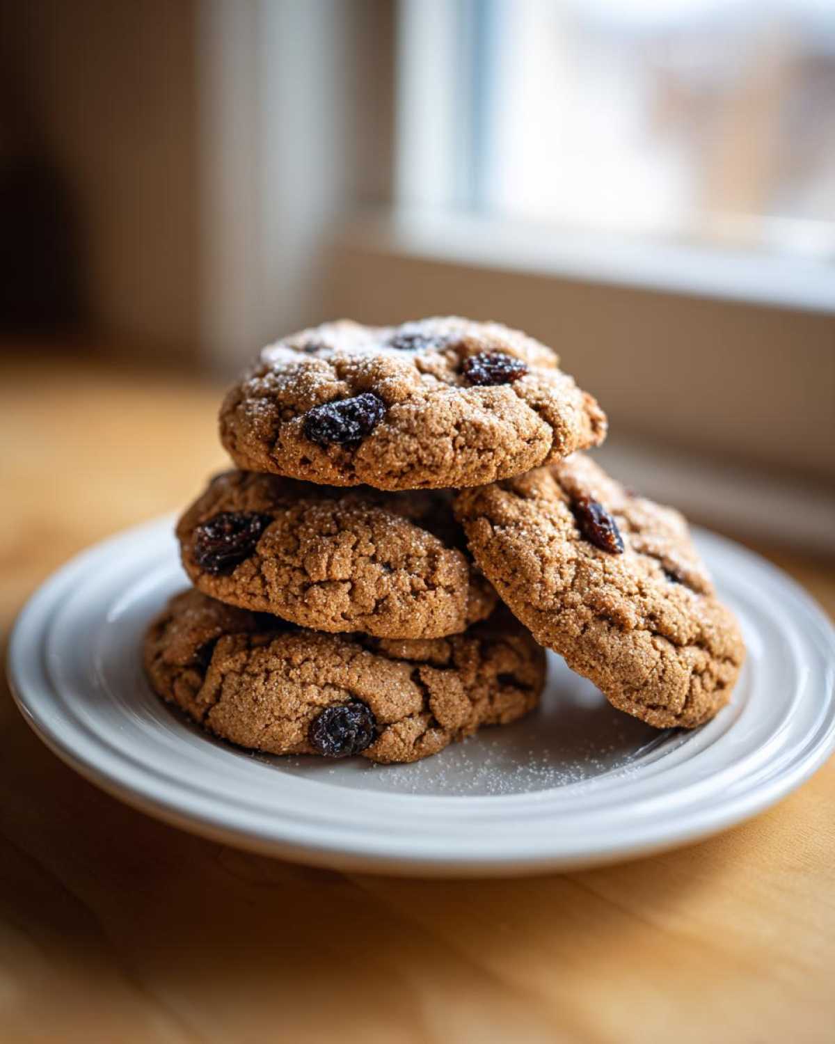 A stack of four chewy Gluten-Free Oatmeal Raisin Cookies dusted with sugar on a white plate.