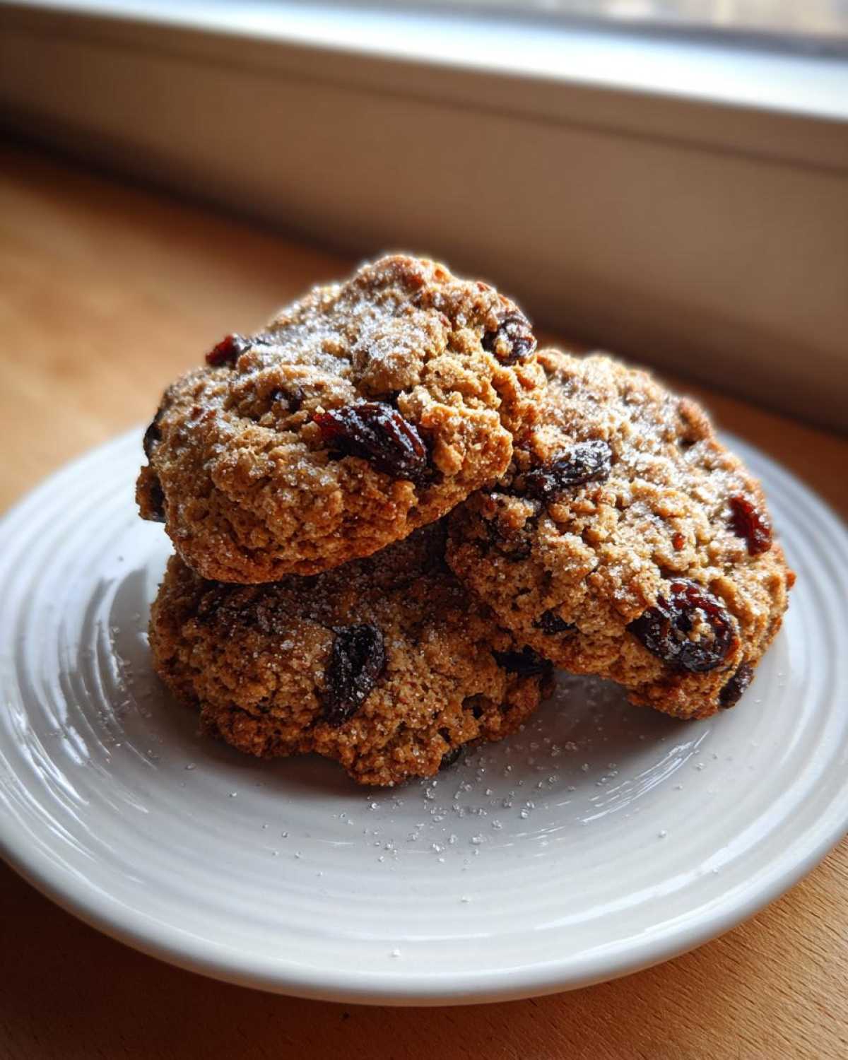 A stack of three freshly baked Gluten-Free Oatmeal Raisin Cookies sprinkled with sugar on a light plate.