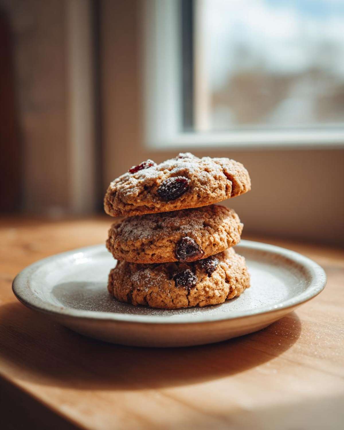 Three Gluten-Free Oatmeal Raisin Cookies stacked on a small plate, dusted with powdered sugar.