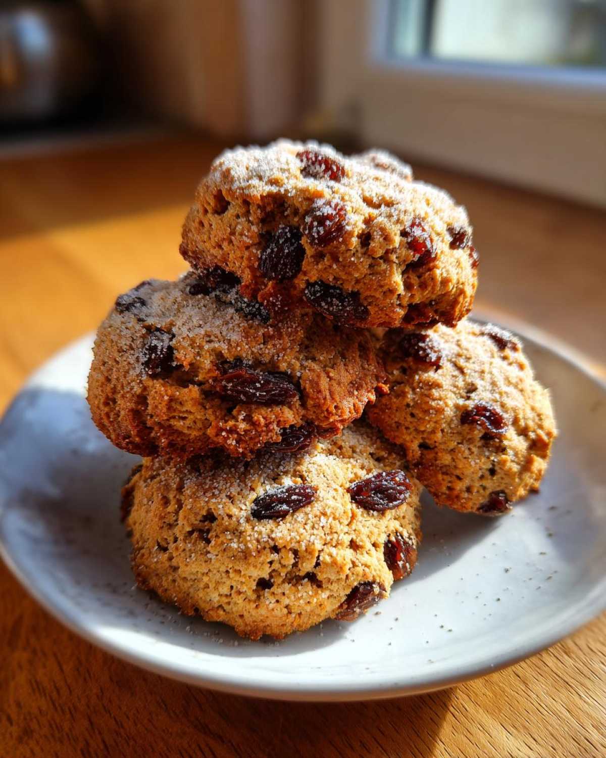 A stack of four thick, golden Gluten-Free Oatmeal Raisin Cookies dusted with sugar on a light plate.