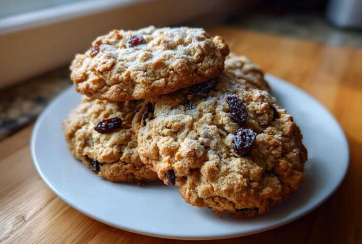 A stack of four freshly baked Gluten-Free Oatmeal Raisin Cookies dusted with powdered sugar on a white plate.