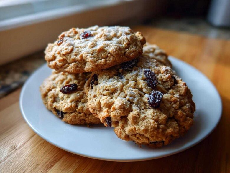 A stack of four freshly baked Gluten-Free Oatmeal Raisin Cookies dusted with powdered sugar on a white plate.