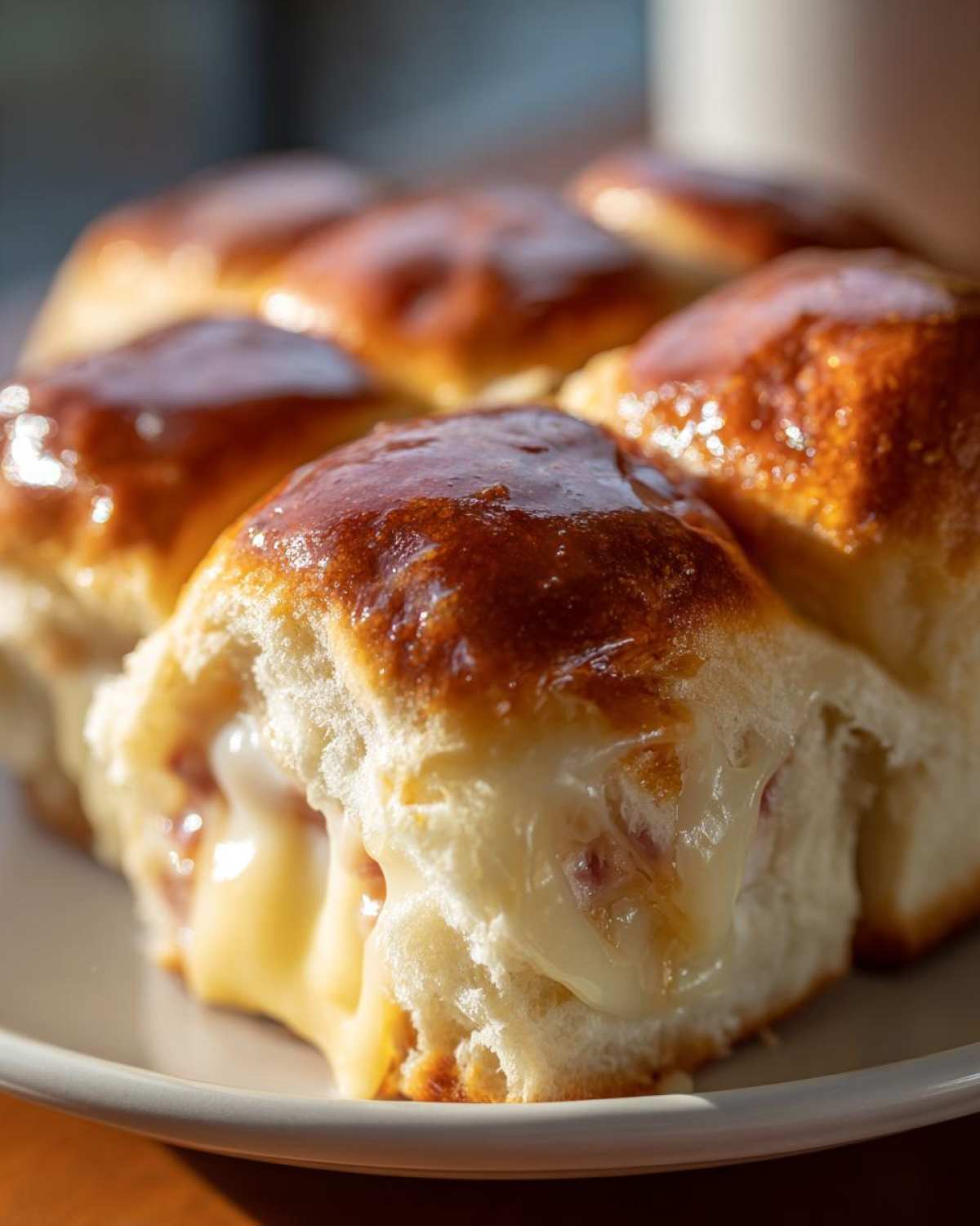 Close-up of gooey melted cheese oozing from a warm Hawaiian Roll Ham and Cheese Slider.