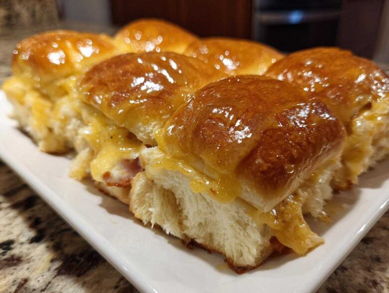 A row of freshly baked Hawaiian Roll Ham and Cheese Sliders covered in a shiny honey mustard glaze.
