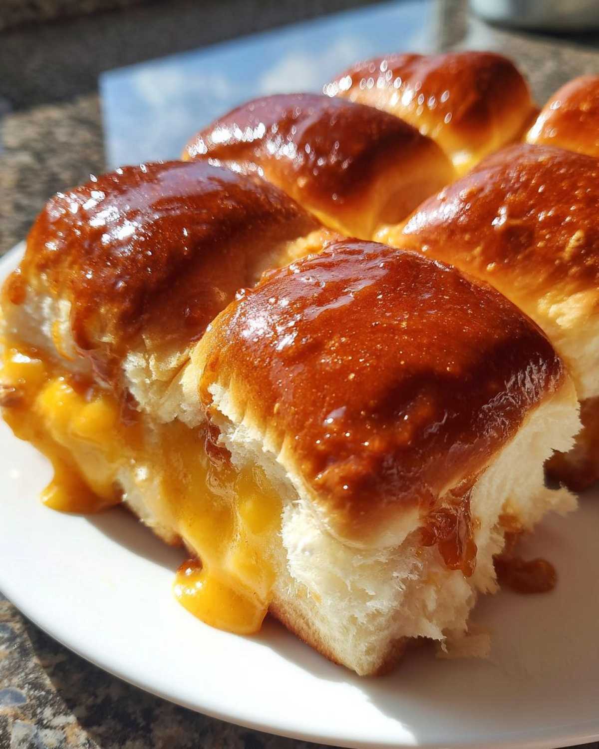 Close-up of gooey melted cheese oozing from warm Hawaiian Roll Ham and Cheese Sliders with a shiny glaze.