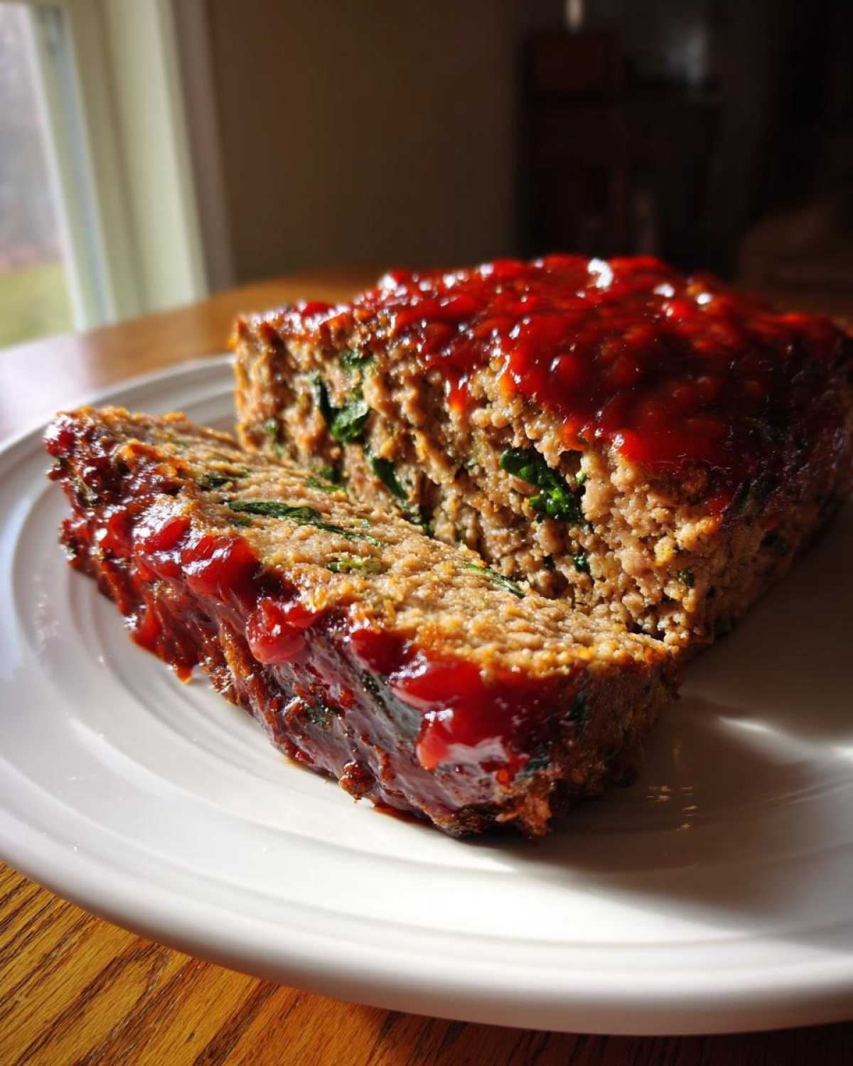 A slice of Healthy Turkey Spinach Meatloaf covered in a bright red glaze, showing spinach mixed into the turkey base.