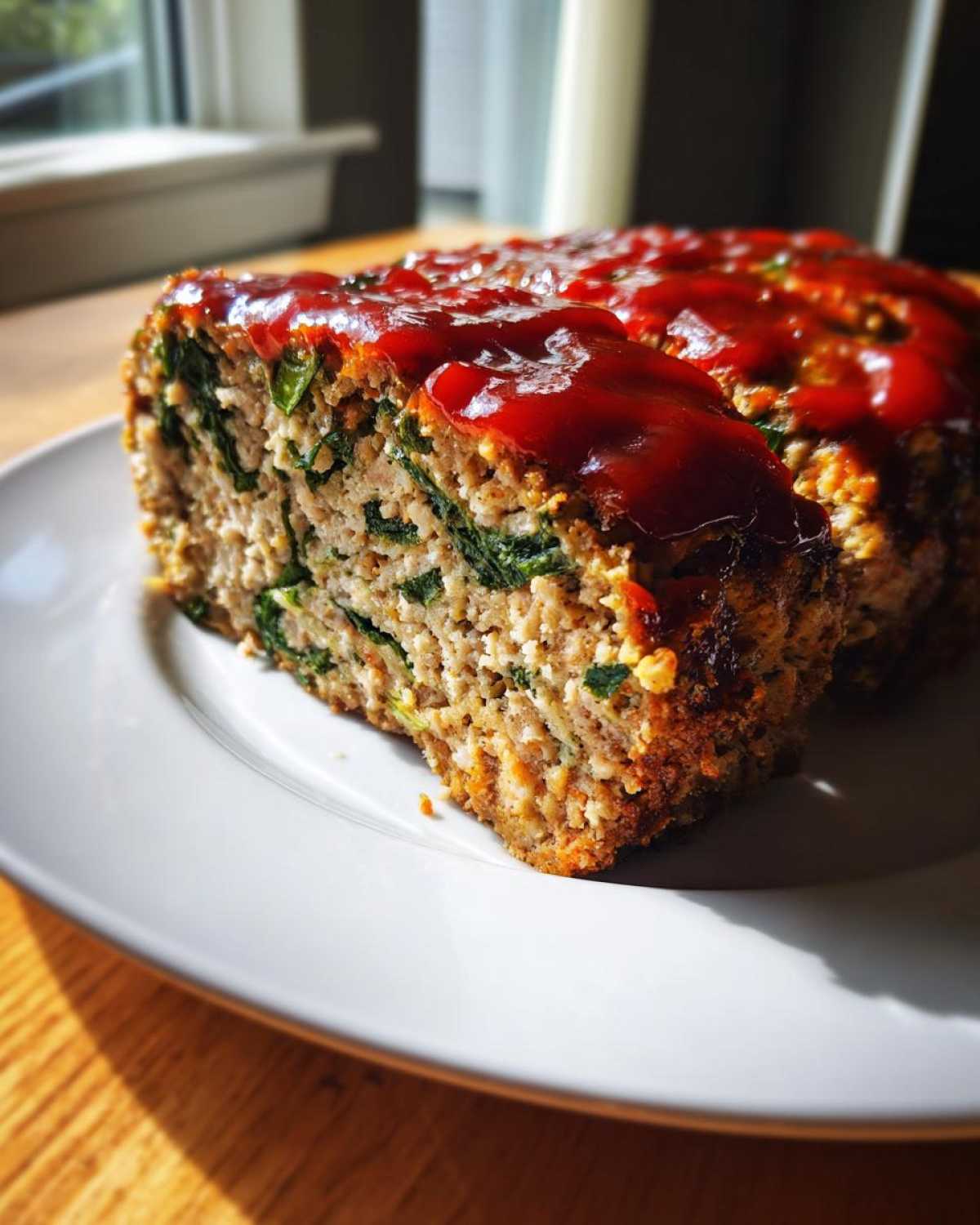 A thick slice of Healthy Turkey Spinach Meatloaf topped with a bright red glaze, showing visible spinach pieces.