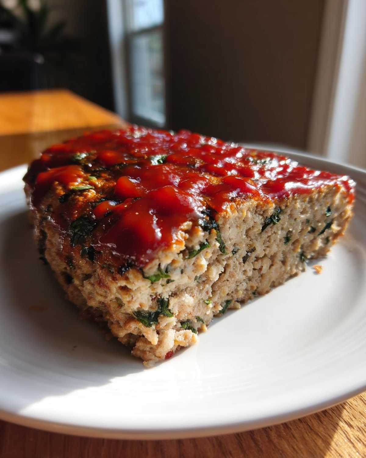 A close-up slice of Healthy Turkey Spinach Meatloaf topped with a thick, glossy red glaze.