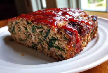 A thick slice of Healthy Turkey Spinach Meatloaf topped with a shiny red glaze, served on a white plate.