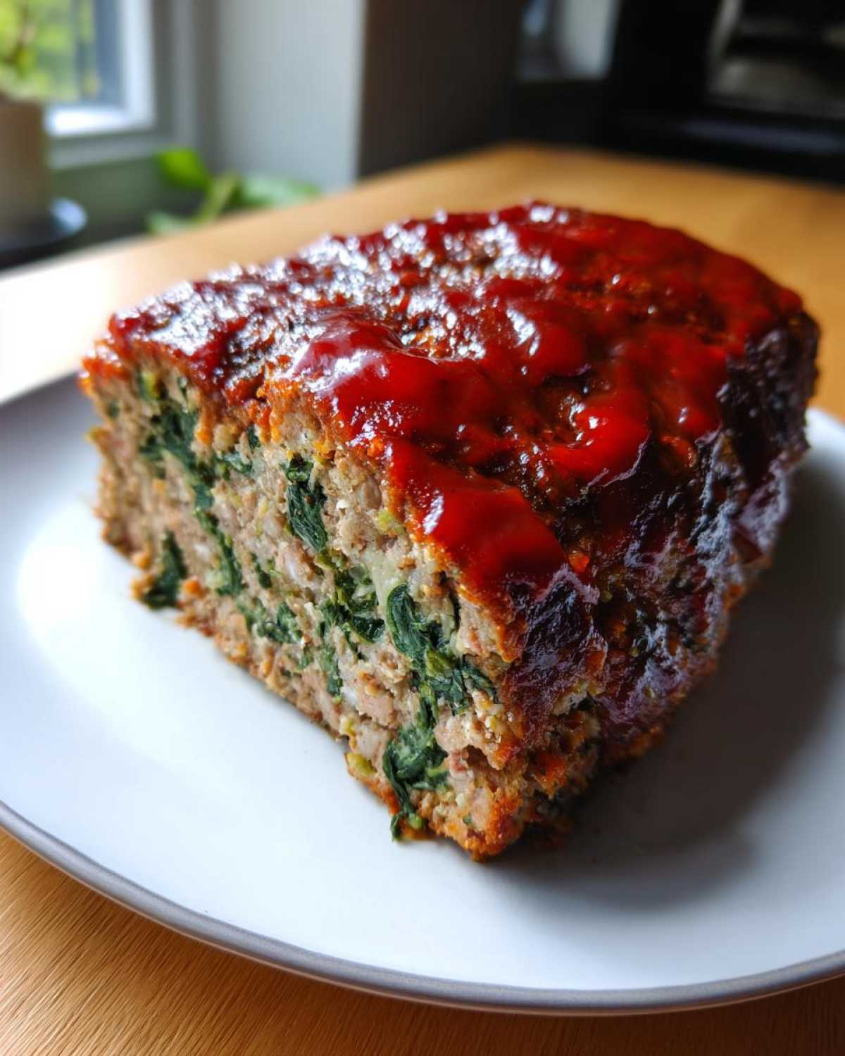 A thick slice of Healthy Turkey Spinach Meatloaf topped with a shiny red glaze, served on a white plate.