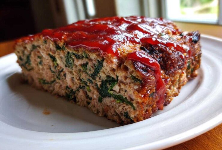 A thick slice of Healthy Turkey Spinach Meatloaf topped with a shiny red glaze, served on a white plate.