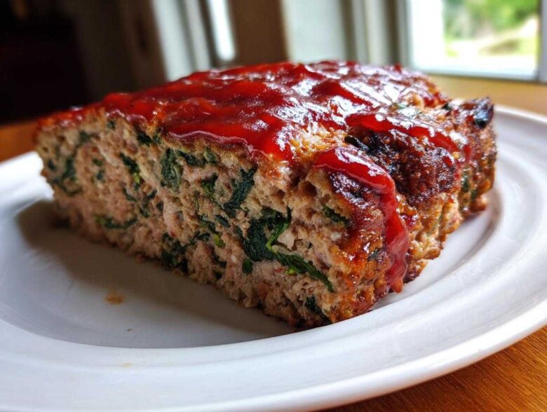 A thick slice of Healthy Turkey Spinach Meatloaf topped with a shiny red glaze, served on a white plate.