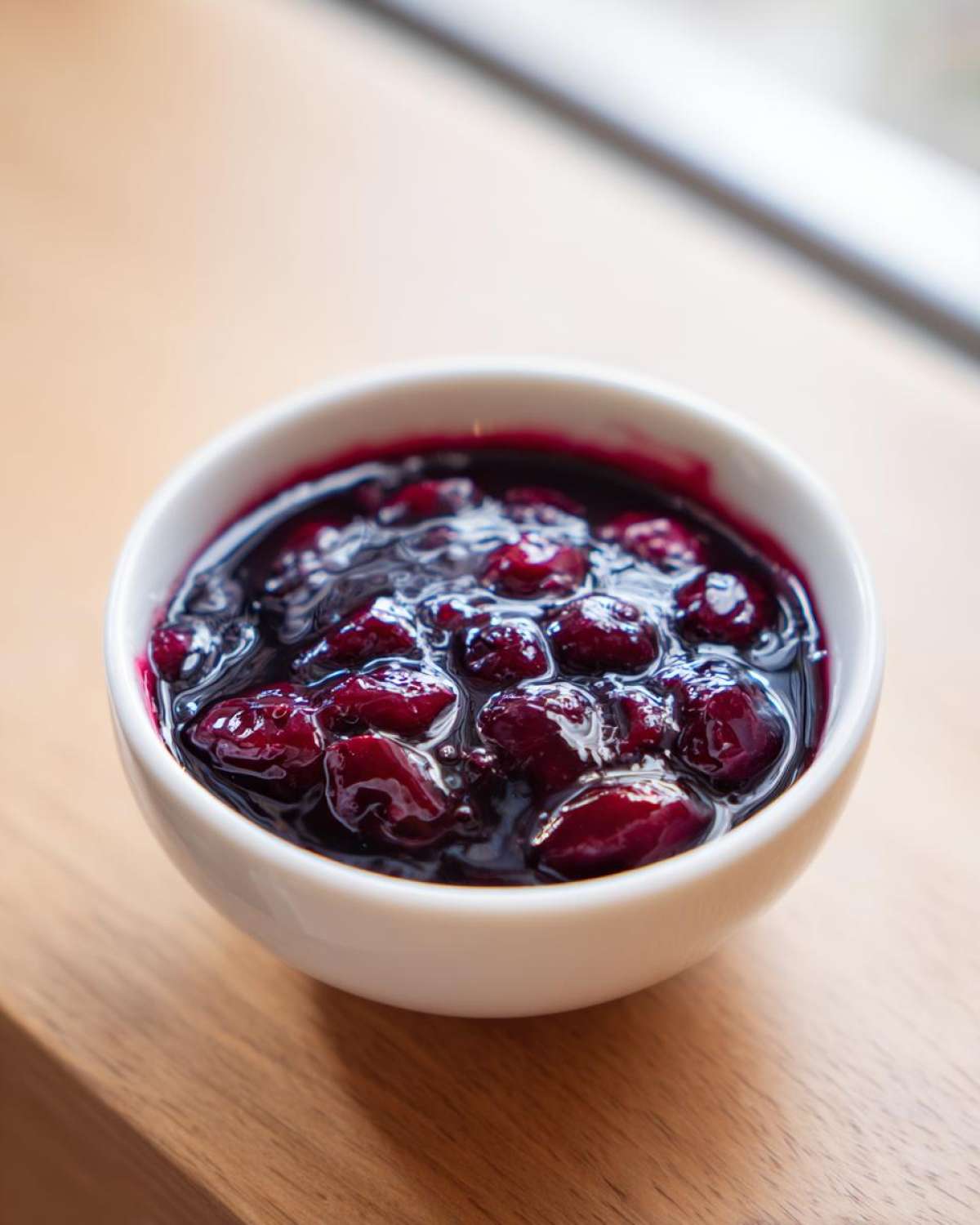 Close-up of a small white bowl filled with thick, rich Homemade Blueberry Syrup featuring plump, whole blueberries.