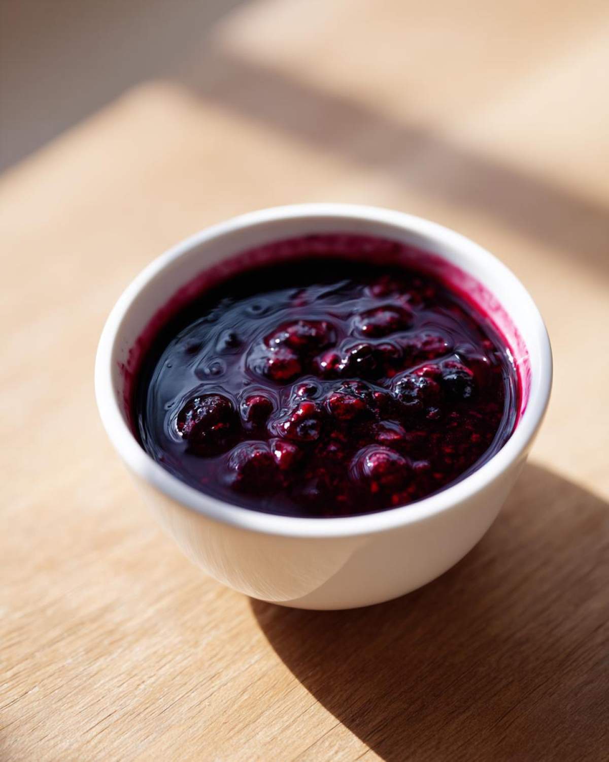 Close-up of thick, dark purple Homemade Blueberry Syrup with whole berries in a small white bowl.