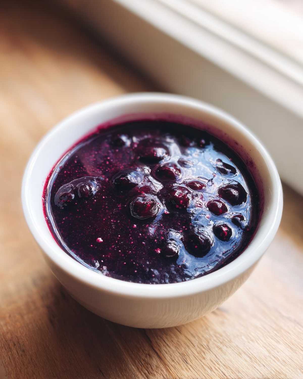 Close-up of thick, deep purple Homemade Blueberry Syrup with whole berries in a small white bowl.